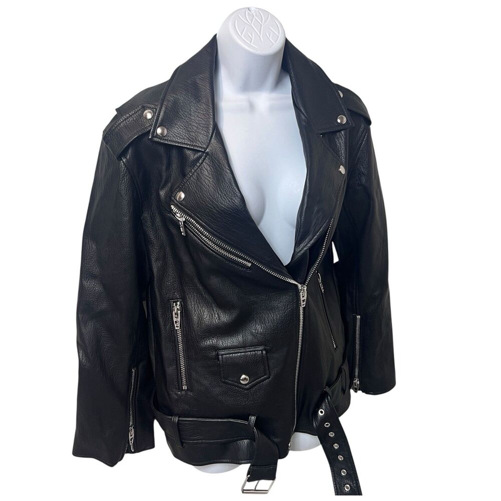Blank NYC Longline Moto Jacket Womens XS Black Faux Leather Belted Biker‎ Asym